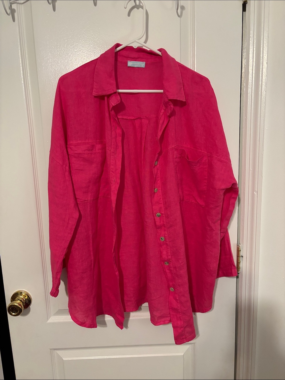 100% Pure Hot Pink Linen Button-Down Blouse